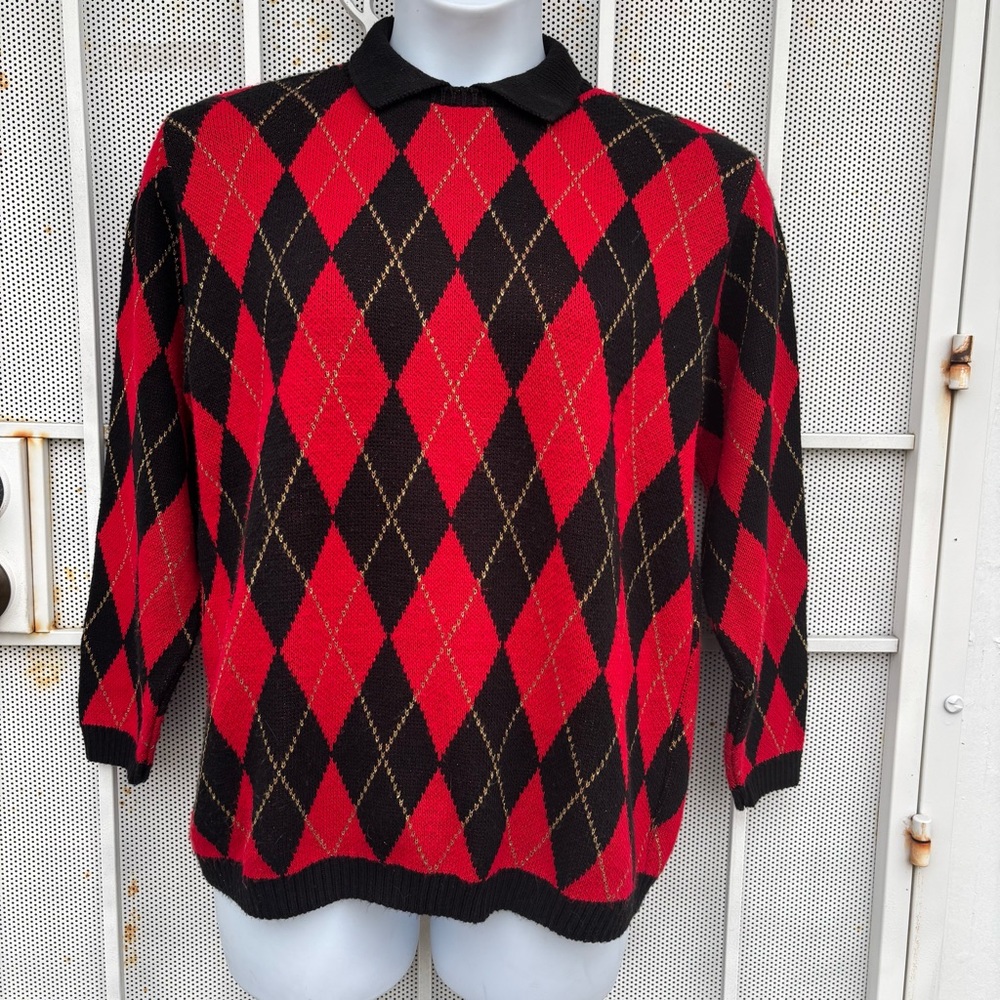 Alfred Dunner petite L knit Sweater long sleeve crewneck argyle vtg. made USA